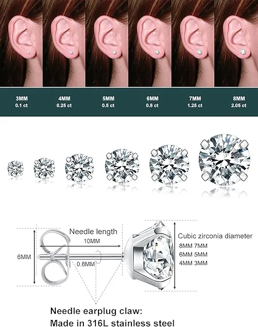 6 Pairs Stud Earrings Set, Hypoallergenic Cubic Zirconia 316L Earrings Stainless Steel CZ Earrings 3-8mm (Steel color)
