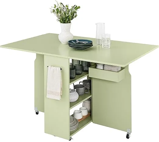 Best Choice Products Folding Dining Table, Multipurpose Space Saving Collapsible Drop Leaf Extension Desk w/Wheels, 3 Storage Shelves - Sage Green