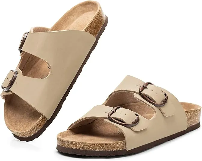 FITORY Womens Flat Sandals with Cork Footbed, Open Toe Slides Adjustable Slip On Slippers for Summer Size 6-11