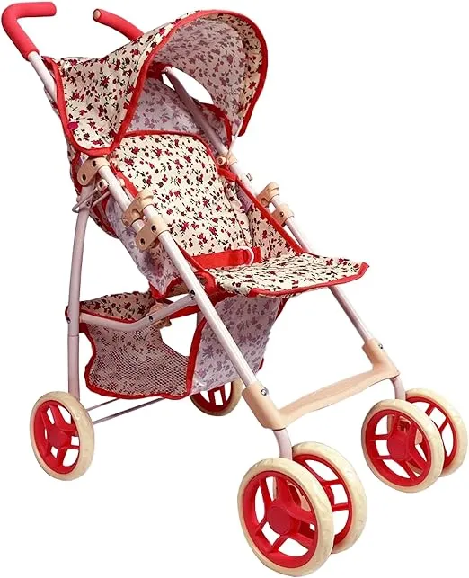 Baby Doll Stroller for Toddler Girls & Big Kids up to 8 Years Old | 28” Baby Stroller for Dolls, Toy Baby Stroller with Cute Coral Floral Print, Mesh Storage Basket, Canopy, Handle Grips, Rubber Tires