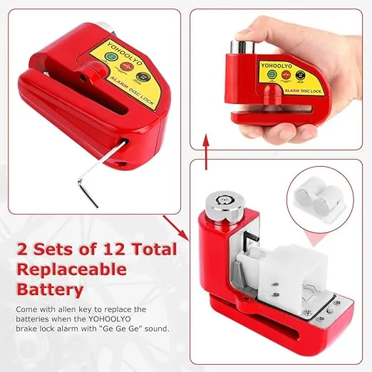 YOHOOLYO Alarm Disc Lock Motorcycle Disc Brake Lock Anti-Theft Waterproof 110 dB 7mm Pin 5ft Reminder Cable for Motorcycles Bike Scooter Carry Pouch (Red)