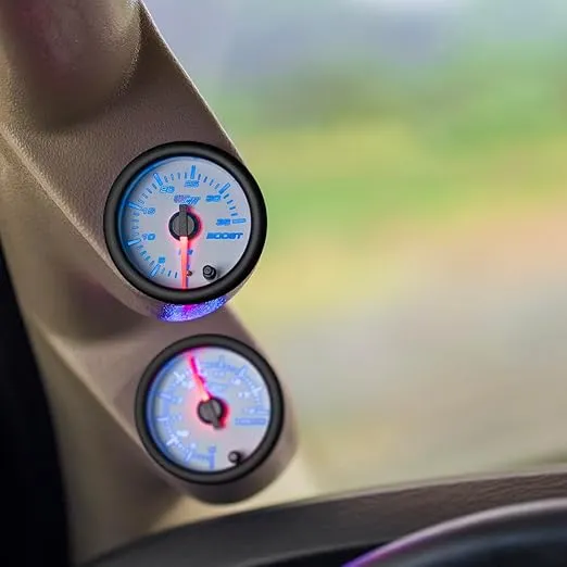 GlowShift White 7 Color 35 PSI Turbo Boost Gauge Kit - Includes Mechanical Hose & Fittings - White Dial - Clear Lens - for Car & Truck - 2-1/16" 52mm