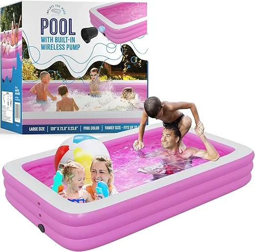 Pink Inflatable Swimming Pool (120" x 72.8" x 23.6") Built-in Air Pump Inflatable Kiddie Pool, Family Pools for Kids and Adults - Self Inflating Backyard Blow Up Pool for Toddlers & Babies (Large)