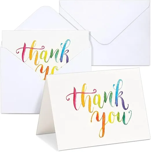 Sustainable Greetings 120 Pack Thank You Cards with Envelopes Bulk for Weddings, Bridal Showers, Graduations, Bridal, Baby Shower - Blank Inside - Watercolor Rainbow Font
