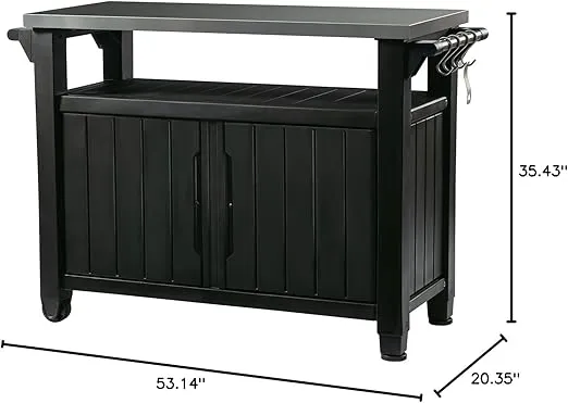 Keter Unity XL Portable Outdoor Table with Stainless Steel Top for Kitchen Prep and Outdoor Storage Cabinet for Grilling Accessories, Dark Grey