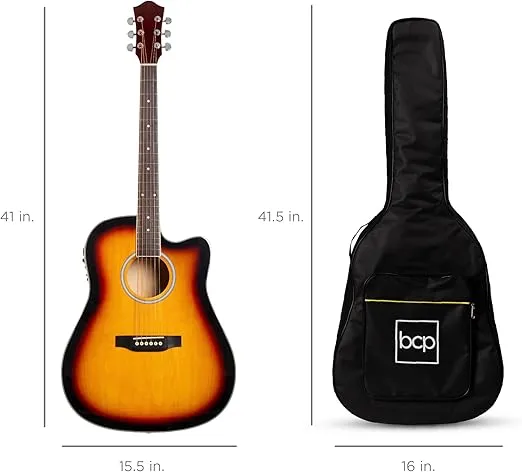 Best Choice Products Beginner Acoustic Electric Guitar Starter Set 41in w/All Wood Cutaway Design, Case, Strap, Picks - Sunburst