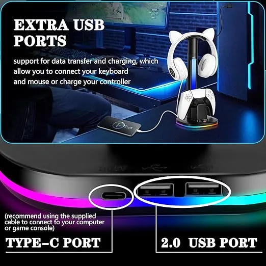 PS5 Controller Charging Station with RGB Headphone Stand, PS5 Controller Charger Holder with 2 USB Port, Headset Stand for PlayStation 5 Controller & DualSense Edge Controller Charging Dock