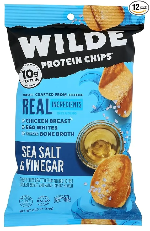 Sea Salt and Vinegar Chicken Chips by Wilde Chips, Thin and Crispy, High Protein, Certified Paleo, Made with Real Chicken, 2.25oz Bag (12 Pack)