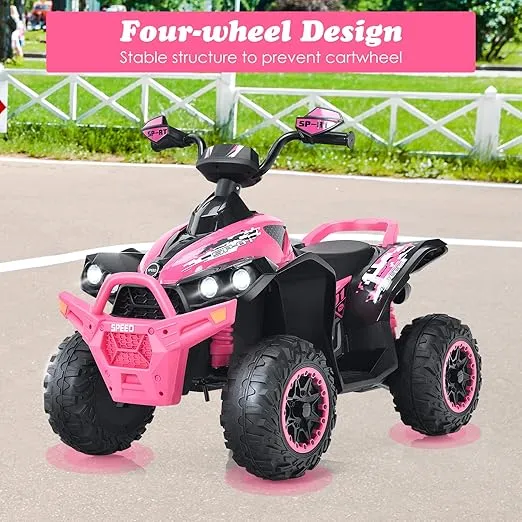 OLAKIDS Ride On ATV, 12V Kids 4 Wheeler Battery Powered Toy Car for Toddlers, Electric Rear Motorized Quad Vehicle for Boys Girls with LED Lights, Music, Horn, High Low Speed, Soft Start (Pink)