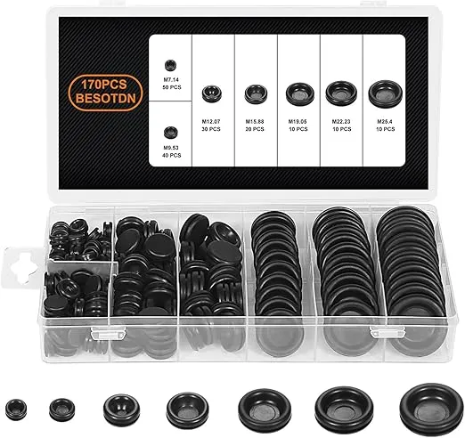 170PCS Rubber Grommet Kit, Closed Rubber Hole Plug, Electrical Wire Gasket Kit, Rubber Grommets for Wiring Protection, Firewall Hole Plug Set, Drill Hole 7 Sizes 1/4" 3/8" 1/2" 5/8" 3/4" 7/8" 1"