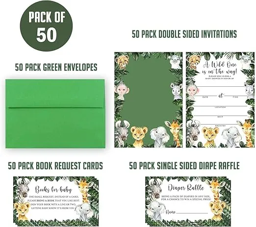 Yuzioey 50 Safari Baby Shower Invitations, Jungle Animals Invitations Macthing Envelpoes, Diaper Raffle Tickets, Book Request Cards, Safari Animals Invitations