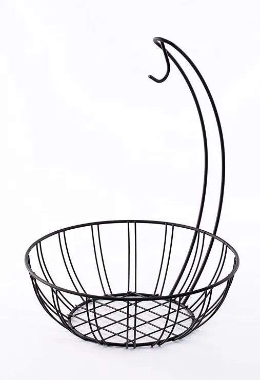 Basicwise Wire Metal Fruit Basket Holder, Kitchen Counter Top Fruit Bowl with Banana Hanger, Black