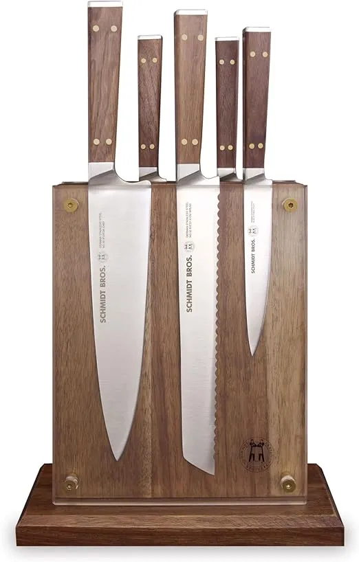 Brass and Walnut 6-piece Knife Block Set, High-Carbon German Stainless Steel Multipurpose Kitchen Cutlery with Midtown Storage Block