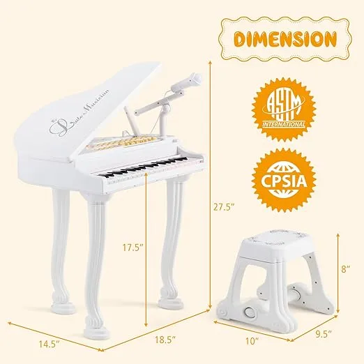 Costzon Kids Piano, 37 Key Mini Grand Piano Toy Keyboard with Microphone, Stool & Lights, Portable Electronic Piano Educational Musical Instrument Toy, Birthday Gift for Toddler Boys Girls (White)
