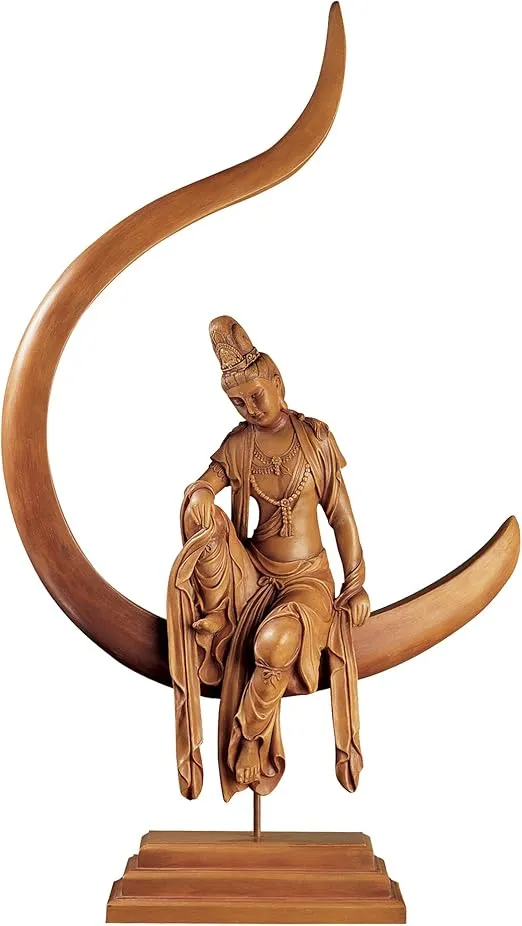 Design Toscano Guan-Yin Chinese Patroness of Compassion Asian Woman on Moon Decor Statue Figurine, 28 inches tall, Cast Stone Resin, Woodtone Finish