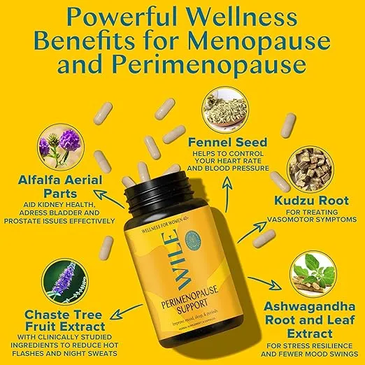 WILE Menopause and Perimenopause Supplements for Women with Ashwagandha - Menopausal Symptoms Relief for Stress, Hot Flashes, Night Sweats - Healthy Sleep & Hormone Balance Support, Vegan, 30 Servings