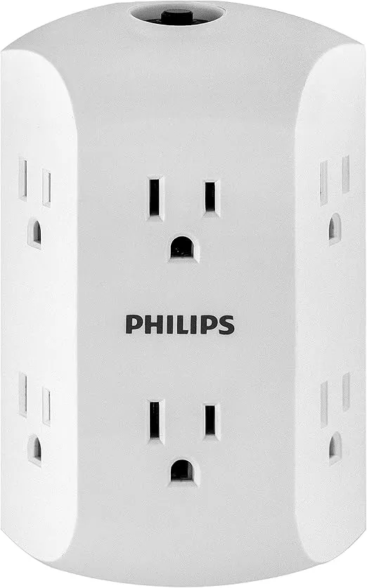Philips 6-Outlet Extender, Grounded Wall Tap, Reset Button, Circuit Breaker, Adapter Spaced Outlets, 3-Prong, Multiple Plug, Quick and Easy Install, Cruise Essentials, UL Listed, White, SPS1460WA/37