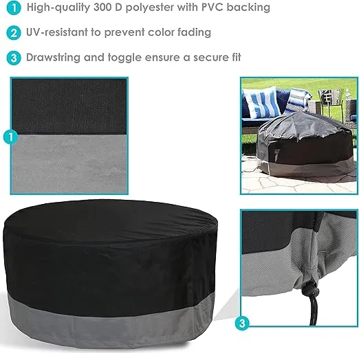 Sunnydaze Heavy Duty Round Outdoor Fire Pit Cover with Drawstring - 300D Polyester Material - Black/Gray - 48-Inch x 18-Inch