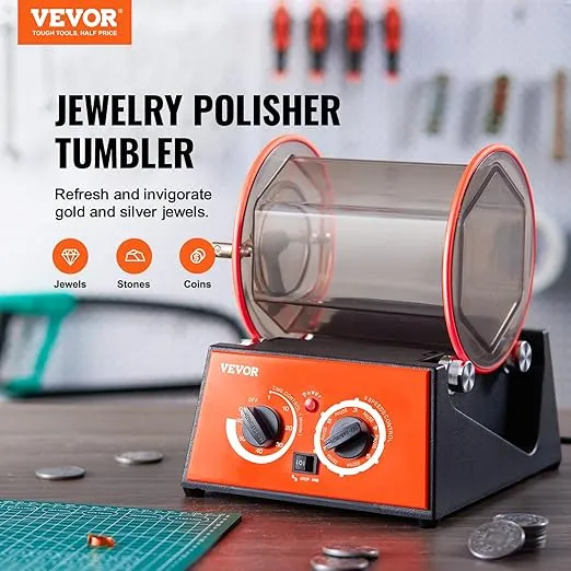VEVOR Jewelry Polisher Tumbler, 6.6lbs/3kg Capacity Mini Rotary Tumbler Machine with 0-60 Minutes Timer, 5 Speeds Jewelry Rotary Finisher for Surface Polishing Grinding Buffing Gemstones Jewels Coins