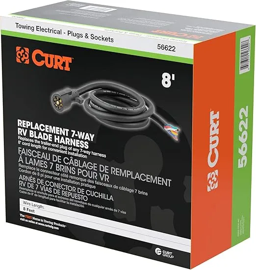 CURT 56622 Replacement 7-Pin RV Blade Trailer Wiring Harness Plug, 8-Foot Blunt-Cut Wires, Boxed