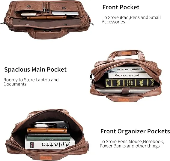 seyfocnia Men's Business Travel Briefcase Leather Handmade Messenger Bags Laptop Bag