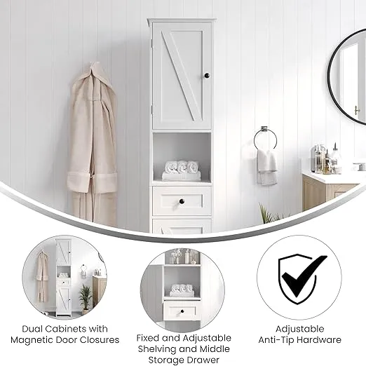 Flash Furniture Dune Farmhouse Bathroom Linen Tower with Double Cabinets and Storage Drawer, Adjustable Cabinet Shelves, Open Shelf, Metal Handles and Hinges, White