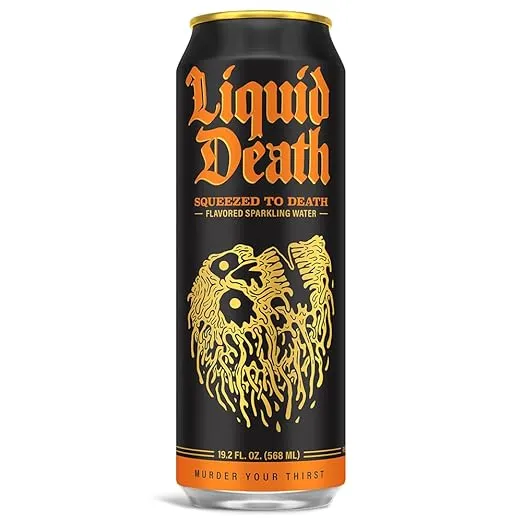 Liquid Death, Squeezed To Death Sparkling Water, 8-Pack (King Size 19.2oz Cans), Orange Flavored Sparkling Beverage Sweetened With Real Agave, Low Calorie & Low Sugar