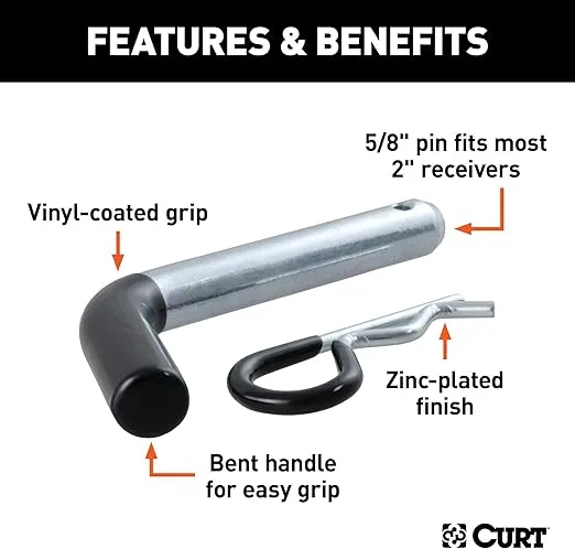 CURT 21510 Trailer Hitch Pin & Clip with Vinyl-Coated Grip, 5/8-Inch Diameter, Fits 2-Inch Receiver, CLEAR ZINC