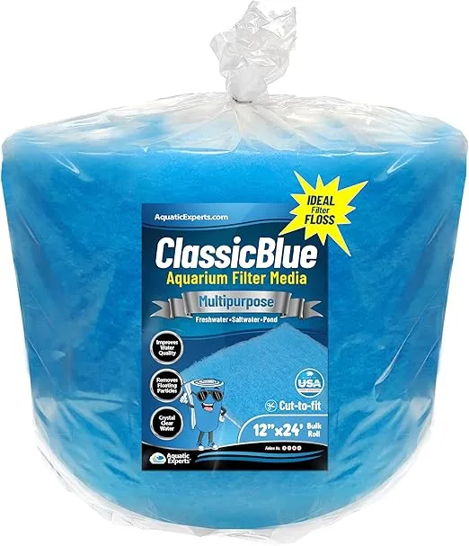 Aquatic Experts Classic Bonded Aquarium Filter Pad - Blue and White Aquarium Filter Media Roll Bulk Can Be Cut to Fit Most Filters, Made in USA (12" by 24 Feet by 3/4" Thick)