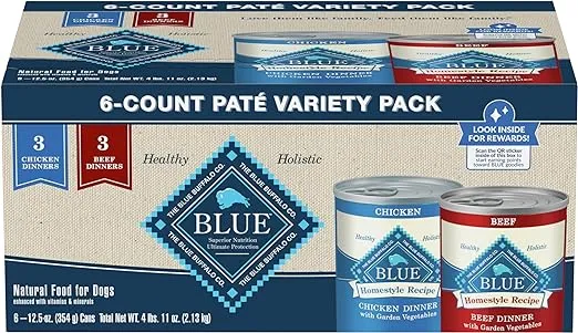 Blue Buffalo Homestyle Recipe Adult Wet Dog Food, Made with Natural Ingredients, Chicken and Beef Dinner Variety Pack, 12.5-oz Cans (6 Count, 3 of each)