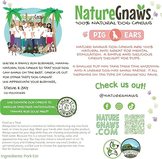 Nature Gnaws Pig Ears for Dogs (8 Count) - Thick Long Lasting for Aggressive Chewers and Large Dogs - Natural Pork Dog Chew Bones - Rawhide Free