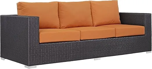 Modway Convene Wicker Rattan Outdoor Patio Sofa with Cushions in Espresso Orange