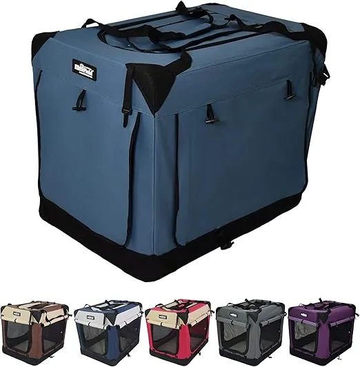 EliteField 4-Door Folding Soft Dog Crate with Curtains, Carrying Bag and Fleece Bed (2 Year Warranty), Indoor & Outdoor Pet Home (24" L x 18" W x 21" H, Blue Gray+4 Door Curtains)