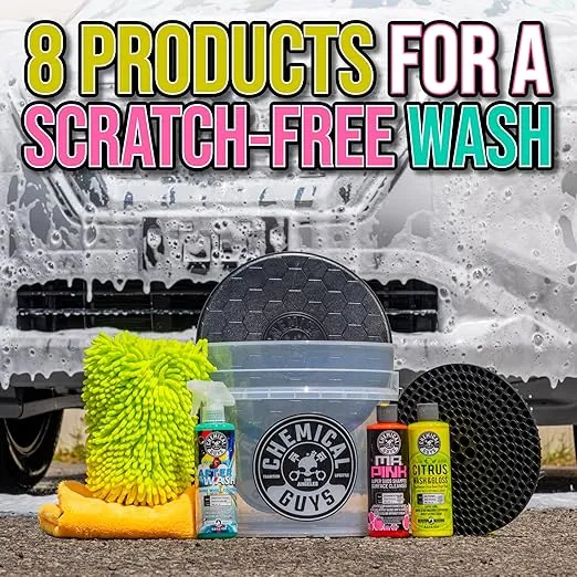 Chemical Guys HOL_128 Car Cleaning Kit, with Car Wash Soap, Car Wash Bucket and 16oz Car Care Cleaning (8 items)