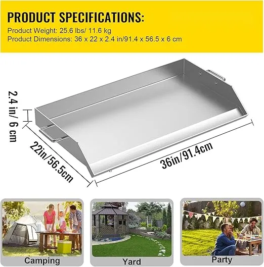 Universal Stainless Steel Griddle, 36" x 22" Flat Top Plate with Non-Stick Coating, 2 Handles, Grease Groove, and Hole - Ideal for BBQ, Camping, Tailgating, and Parties