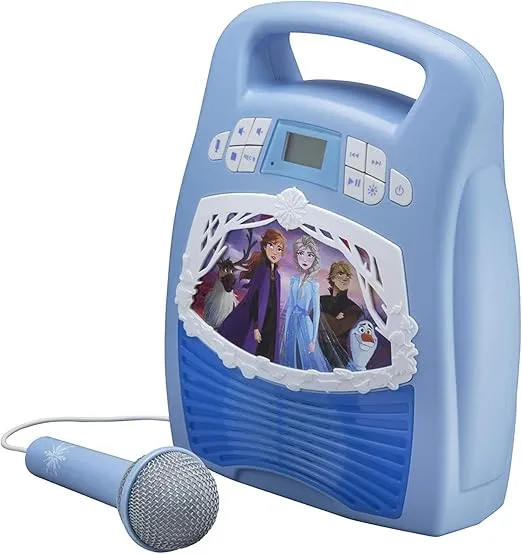 eKids Frozen 2 Bluetooth Portable MP3 Karaoke Machine Player with Light Show Store Hours of Music with Built in Memory Sing Along Using The Real Working Microphone USB Port to Expand Your Content