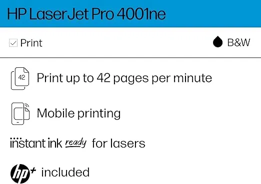 HP LaserJet Pro 4001ne Black & White Printer with HP+ Smart Office Features
