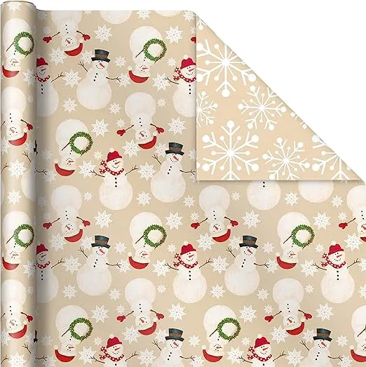 Hallmark Reversible Christmas Wrapping Paper (3 Rolls: 120 sq. ft. ttl) Merry Holidays, Snowflakes, Snowmen, Red Stripes