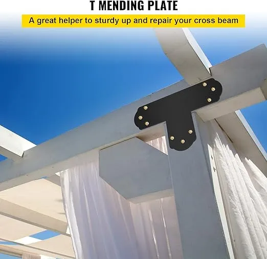 VEVOR Black T Bracket, 6'' x 6'', 8 PCs Black Powder-Coated T Mending Plate, 16 Gauge Steel T-Shaped Tie Flat Connector with Screws Set, Post to Beam Bracket for Repair Wood Furniture