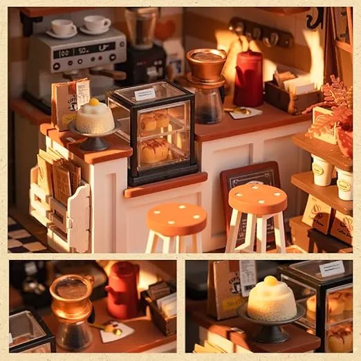 DIY Miniature House Kit Flavory Coffee Shop, Tiny House Kit for Adults to Build, Mini House Making Kit with Furnitures, Halloween/Christmas Decorations/Gifts for Family and Friends (NO.17 Café)