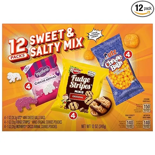 Keebler Sweet & Salty Mix, Keebler Fudge Stripes, Mother's Circus Animals, Utz Mini Cheese Balls, 1 Oz. (Pack of 12)