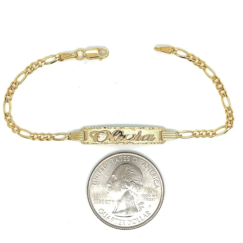14k Kids Gold ID Bracelet with Gold Name Overlay and Figaro Bracelet