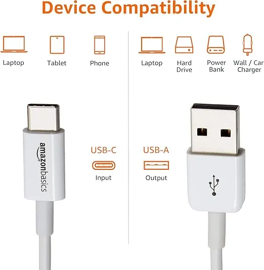 Amazon Basics USB-C to USB-A 2.0 Fast Charger Cable, 480Mbps Speed, USB-IF Certified, for Apple iPhone 16/15, iPad, Samsung Galaxy, Tablets, Laptops, 6 Foot, White