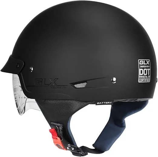 GLX M14 Cruiser Scooter Motorcycle Half Helmet with Free Tinted Retractable Visor DOT Approved (Matte Black, Small)