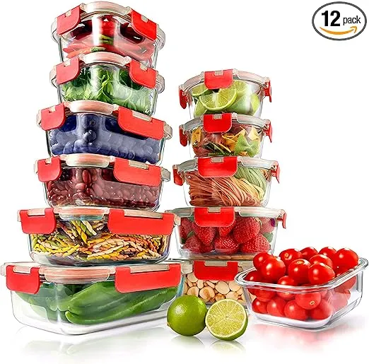 NutriChef 12-Piece Glass Food Storage Containers with Lids - Stackable Heavy Duty Meal Prep Containers w/Airtight Lids - Microwave, Freezer, & Dishwasher Safe for Food, Snacks, Fruit & More (Red)