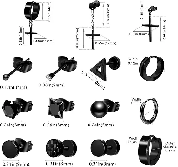 Men's Black Earring Stud Earrings Stainless Steel Black Earrings Men's Women's Pierced Hoop Earrings Stud Earrings Set