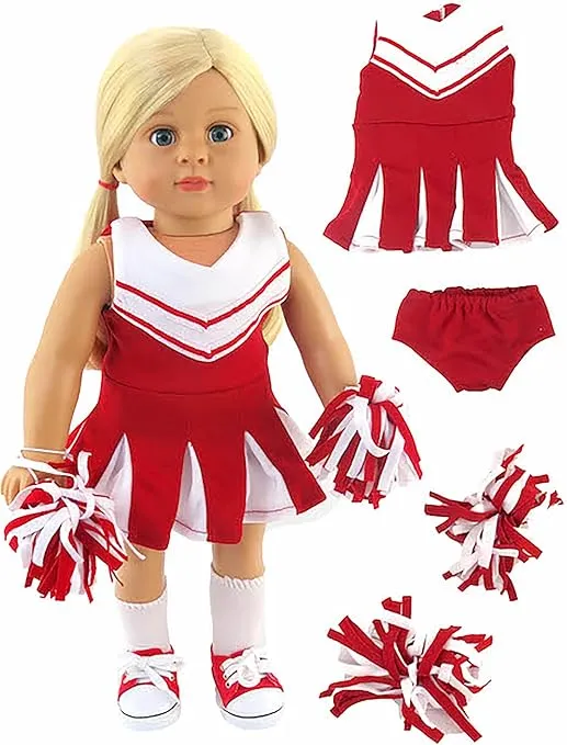 Cheerleader Outfit for 18in Dolls, Red, Includes Dress, Underwear, and Pompoms | American Fashion World