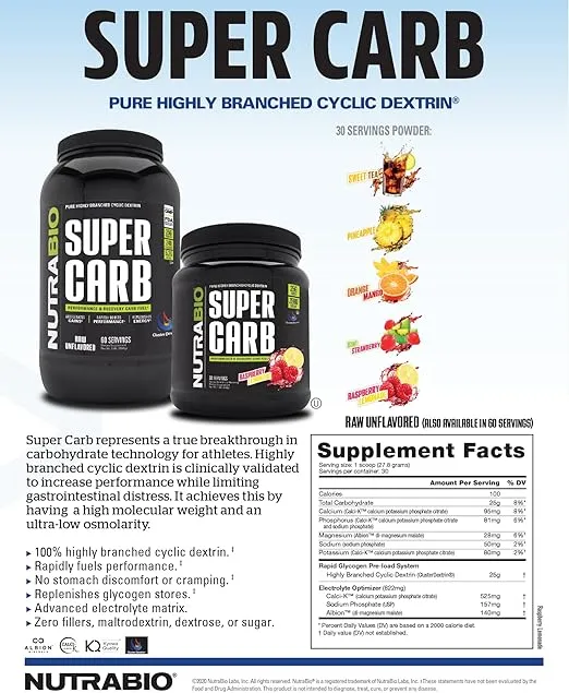 NutraBio Super Carb - Complex Carbohydrate Supplement Powder - Cluster Dextrin and Electrolytes for Performance Enhancement & Muscle Recovery - Kiwi Strawberry, 30 Servings