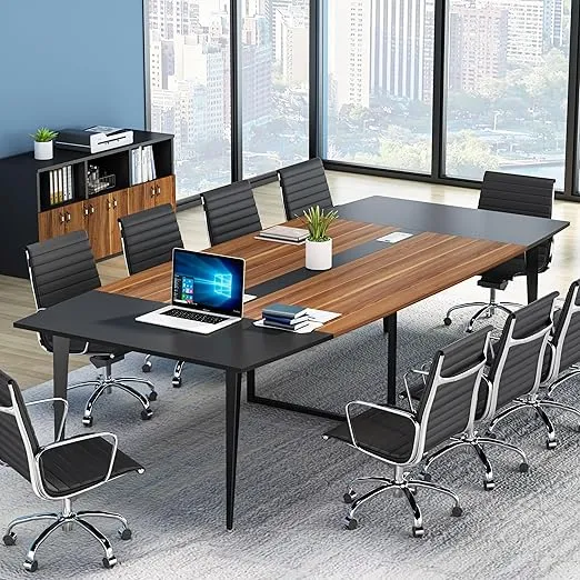 Tribesigns 8FT Conference Table, 94.48L x 47.24W x 29.52H Inches Boat Shaped Meeting Table with Rectangle Grommet, Modern Seminar Boardroom Table for Office Conference Room (8ft, Walnut & Black)
