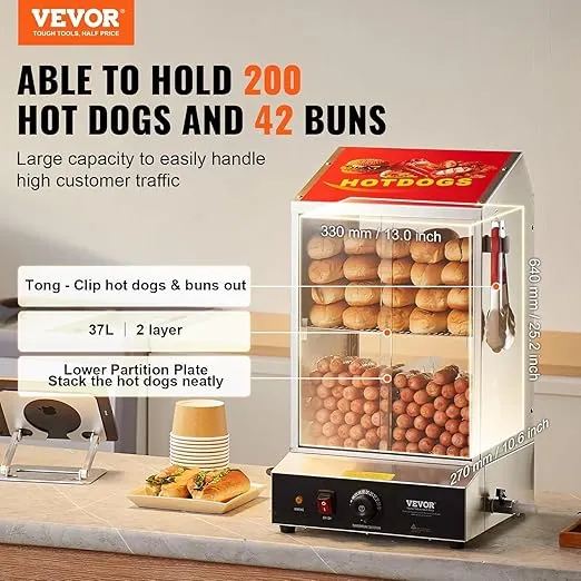 VEVOR Hot Dog Steamer, 36L/32.69Qt, Classic Hut Steamer for 96 Hot Dogs & 30 Buns, Electric Bun Warmer Cooker with Drop Down Door Acrylic Window Partition Plate Food Clip PTFE Tape, Stainless Steel